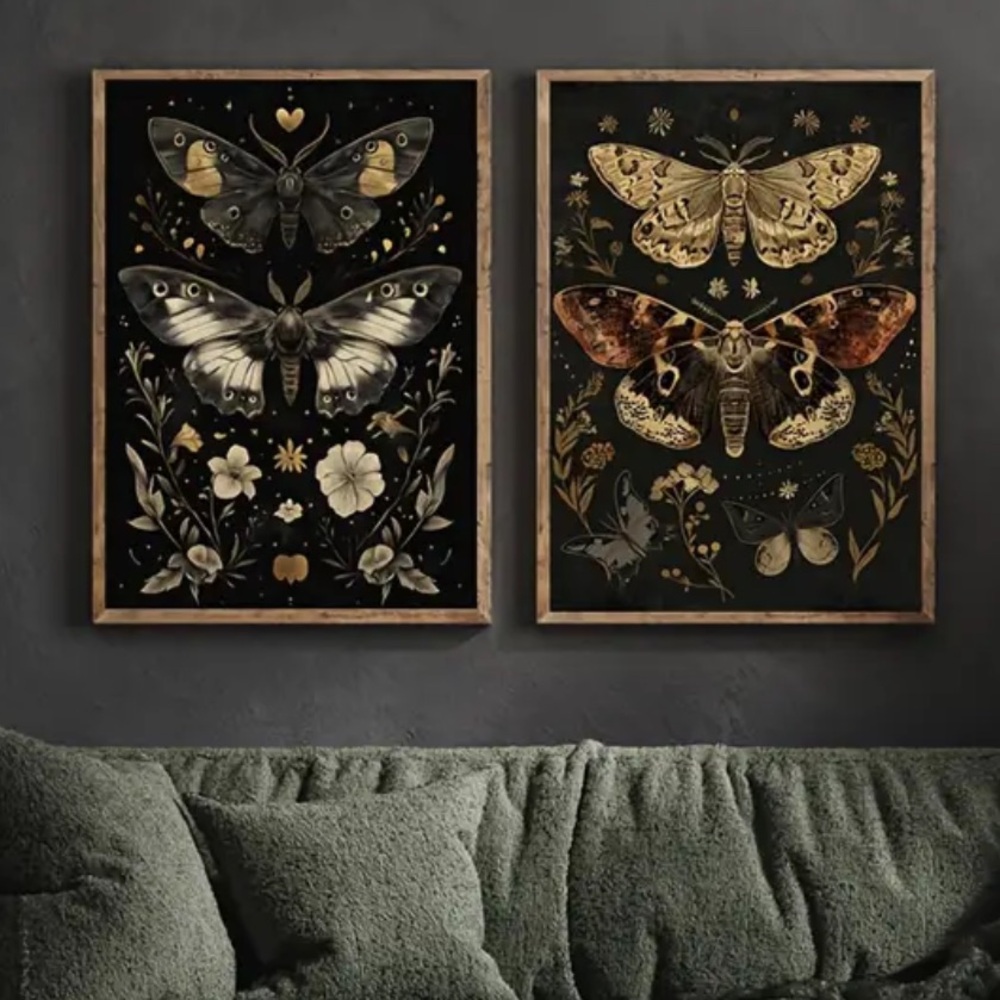 Dark Floral Moth Canvas Prints - Set of 2 Wall Art - Picture 3 of 6